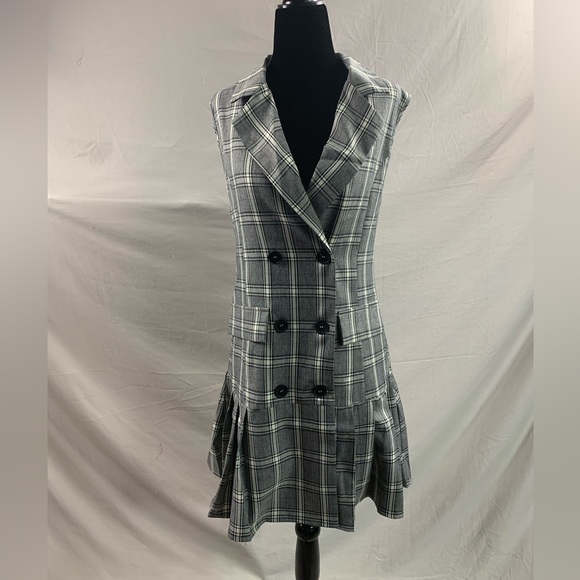 Plaid Double Breasted Pleated Hem Vest Blazer Dress - Picture 6 of 6